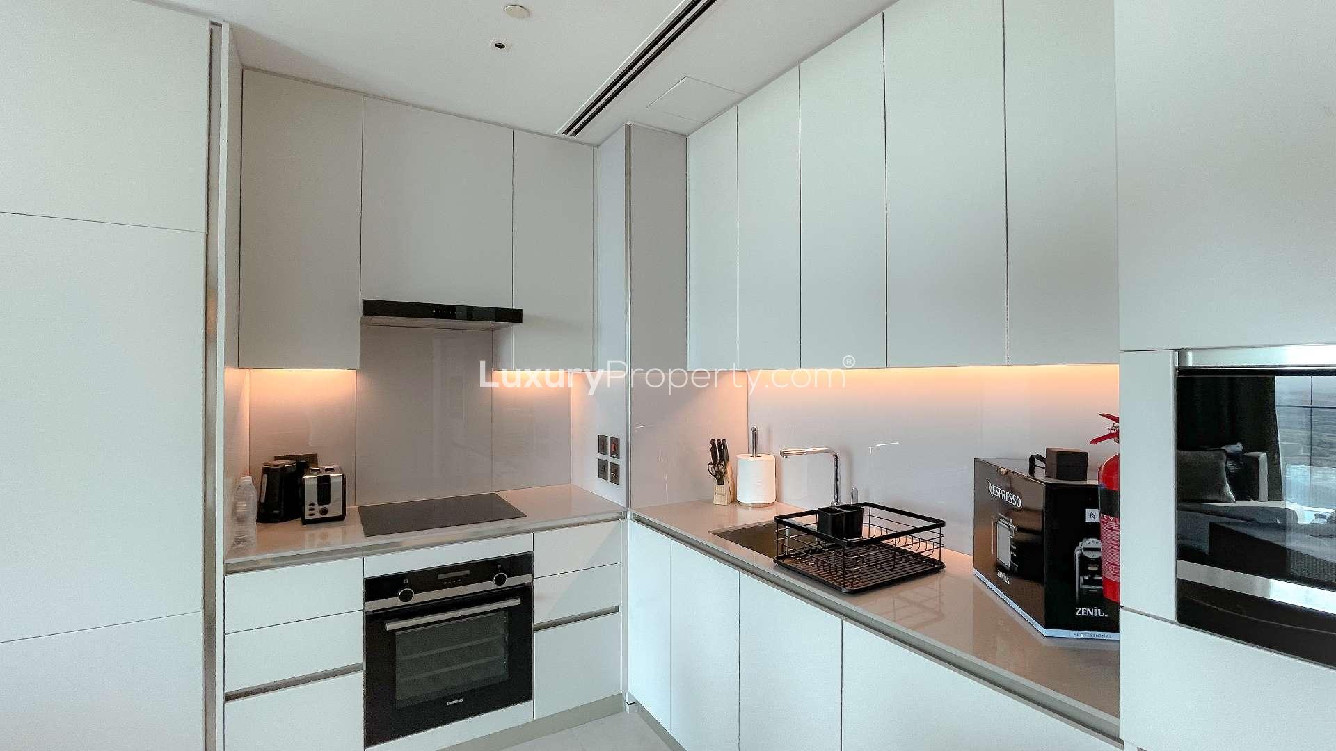 Elegant bathroom in hotel apartment at The Address Jumeirah Resort, Dubai
